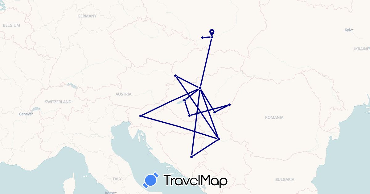 TravelMap itinerary: driving in Bosnia and Herzegovina, Hungary, Poland, Serbia, Slovenia, Slovakia (Europe)